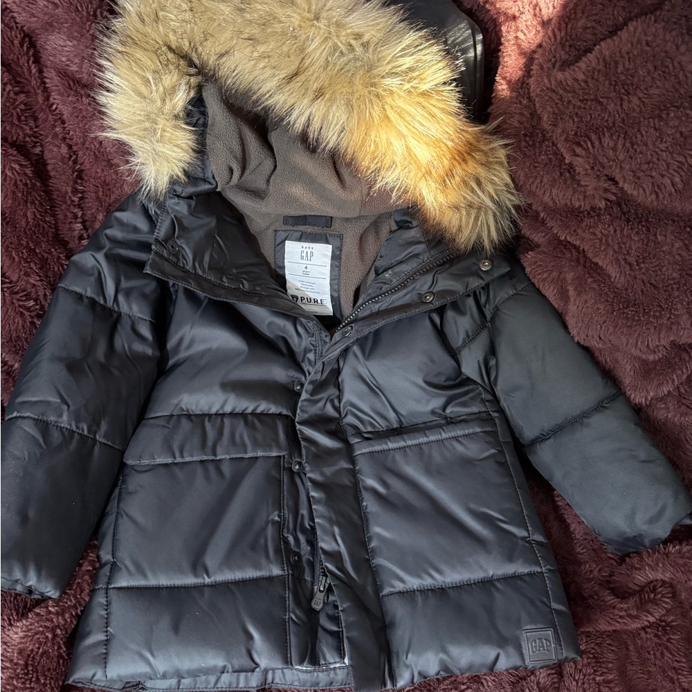 GAP Kids Charcoal Puffer Coat with Faux Fur Trim